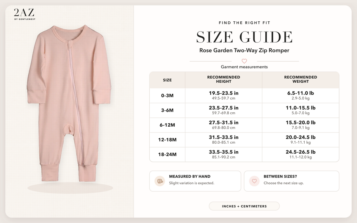 Product-specific size guide for Rose Garden Romper