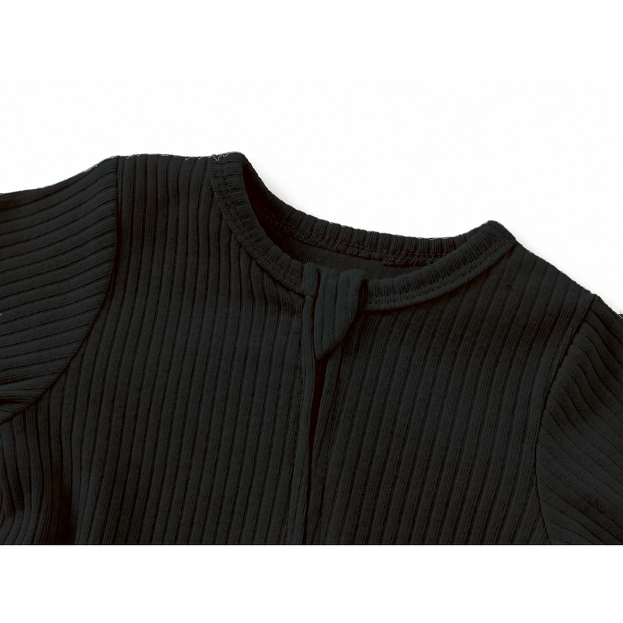 Ribbed Rich Cotton Romper — Black — Neckline and seam detail — image 5