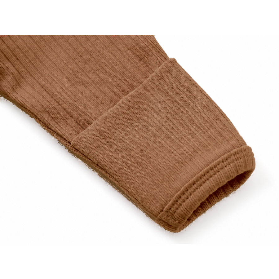 Ribbed Rich Cotton Romper — Caramel — Cuff and foot detail — image 6