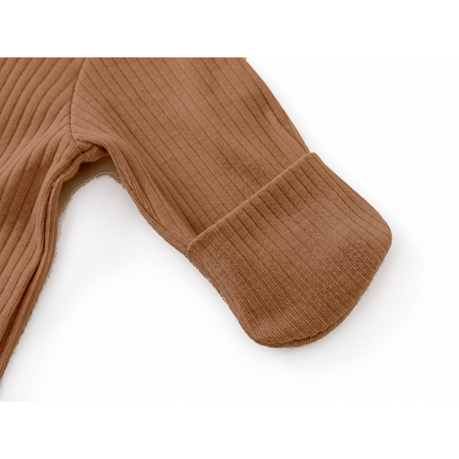 Ribbed Rich Cotton Romper — Caramel — Cuff and foot detail — image 7