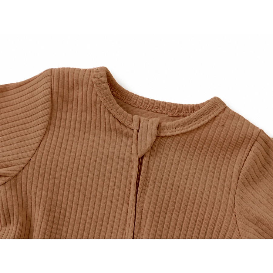 Ribbed Rich Cotton Romper — Caramel — Neckline and seam detail — image 5