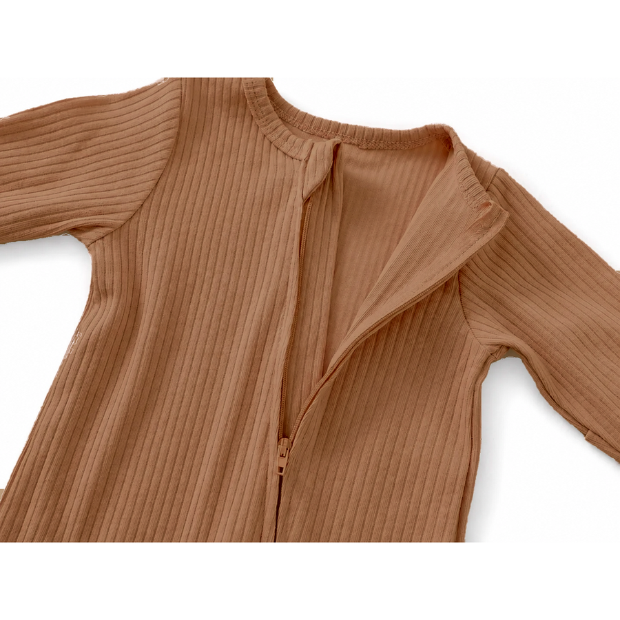 Ribbed Rich Cotton Romper — Caramel — Zipper detail — image 3