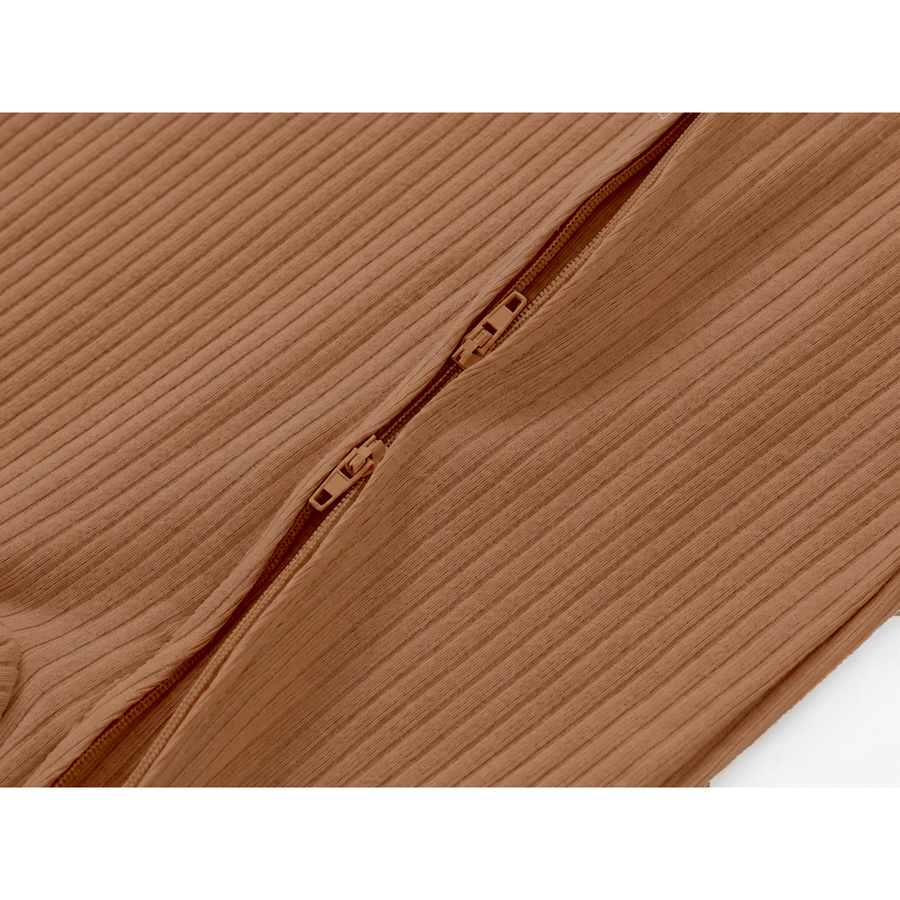 Ribbed Rich Cotton Romper — Caramel — Zipper detail — image 4