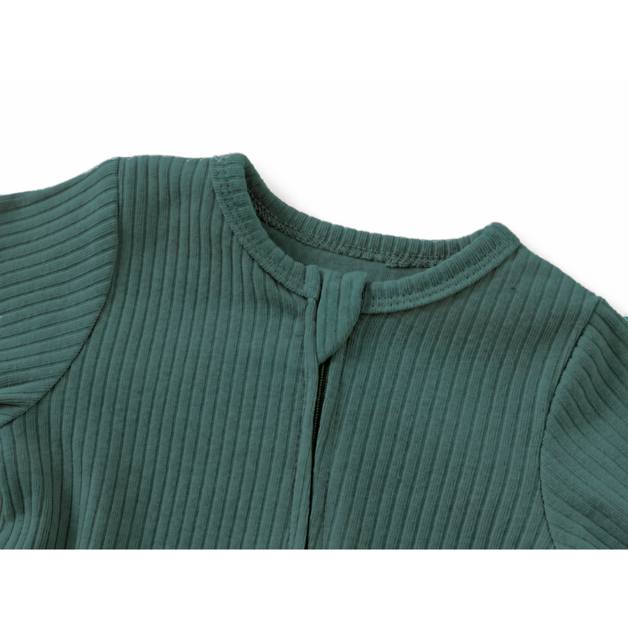 Ribbed Rich Cotton Romper — Deep Teal — Neckline and seam detail — image 5