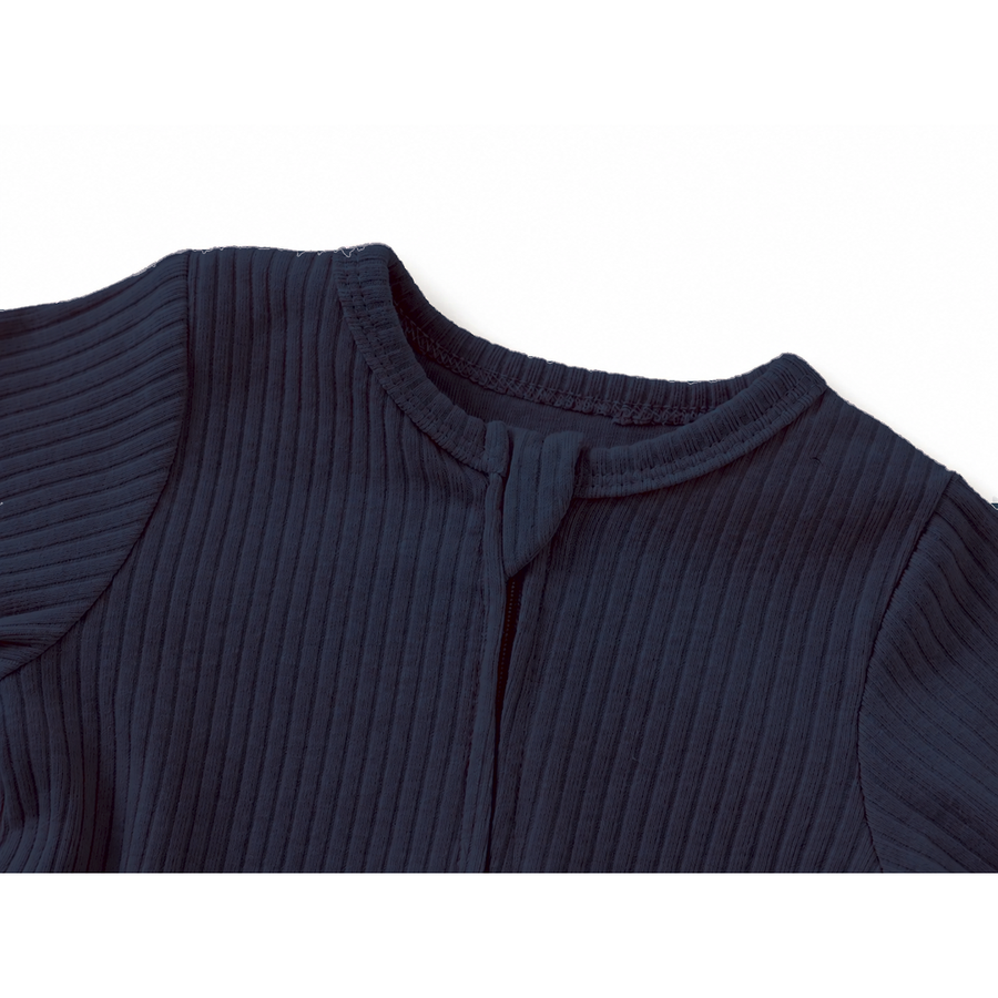 Ribbed Rich Cotton Romper — Navy — Neckline and seam detail — image 5