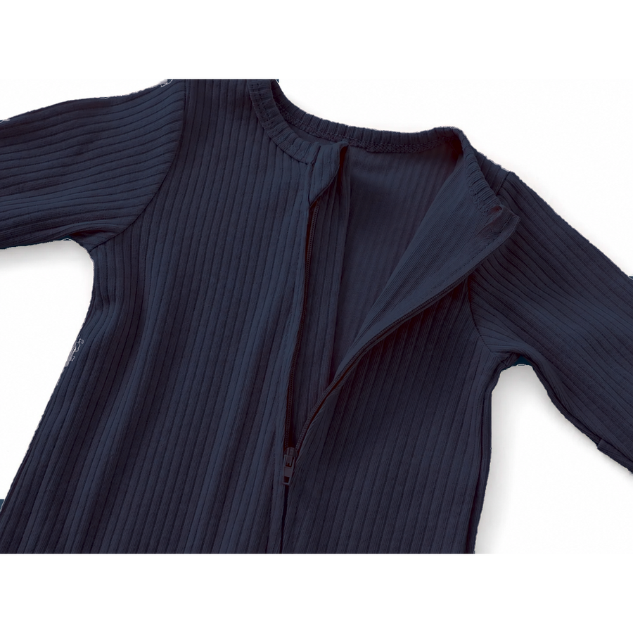 Ribbed Rich Cotton Romper — Navy — Zipper detail — image 3