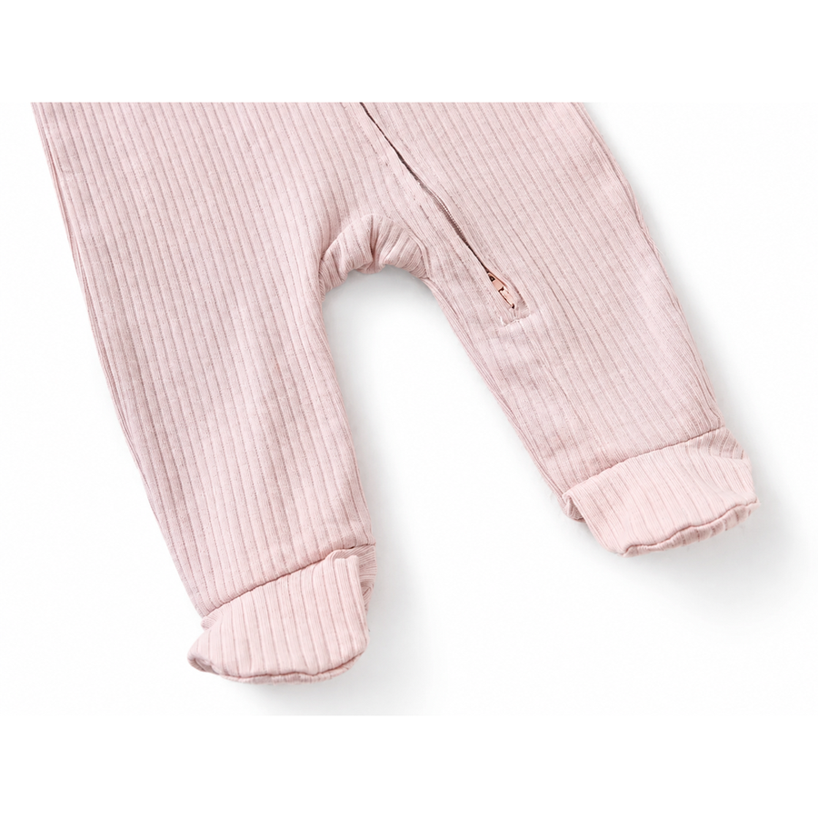 Ribbed Soft & Warm Cotton Romper — Blush Pink — Cuff and foot detail — image 8
