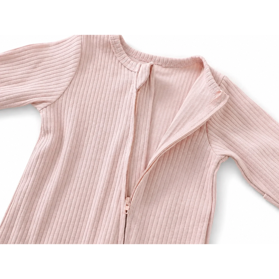 Ribbed Soft & Warm Cotton Romper — Blush Pink — Zipper detail — image 3