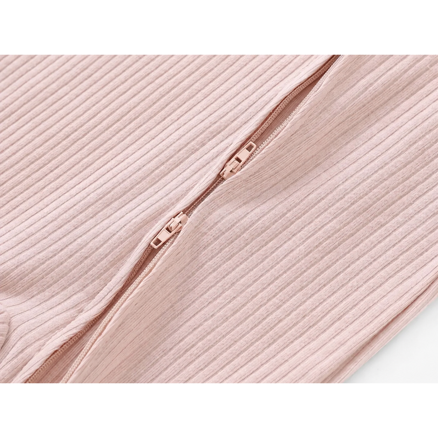 Ribbed Soft & Warm Cotton Romper — Blush Pink — Zipper detail — image 4