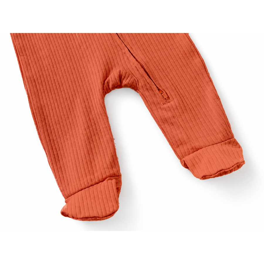 Ribbed Soft & Warm Cotton Romper — Coral — Cuff and foot detail — image 8