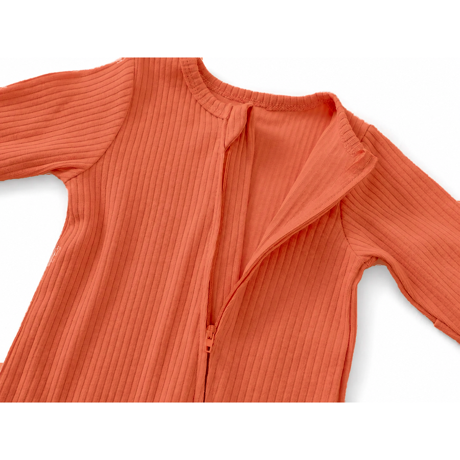 Ribbed Soft & Warm Cotton Romper — Coral — Zipper detail — image 3