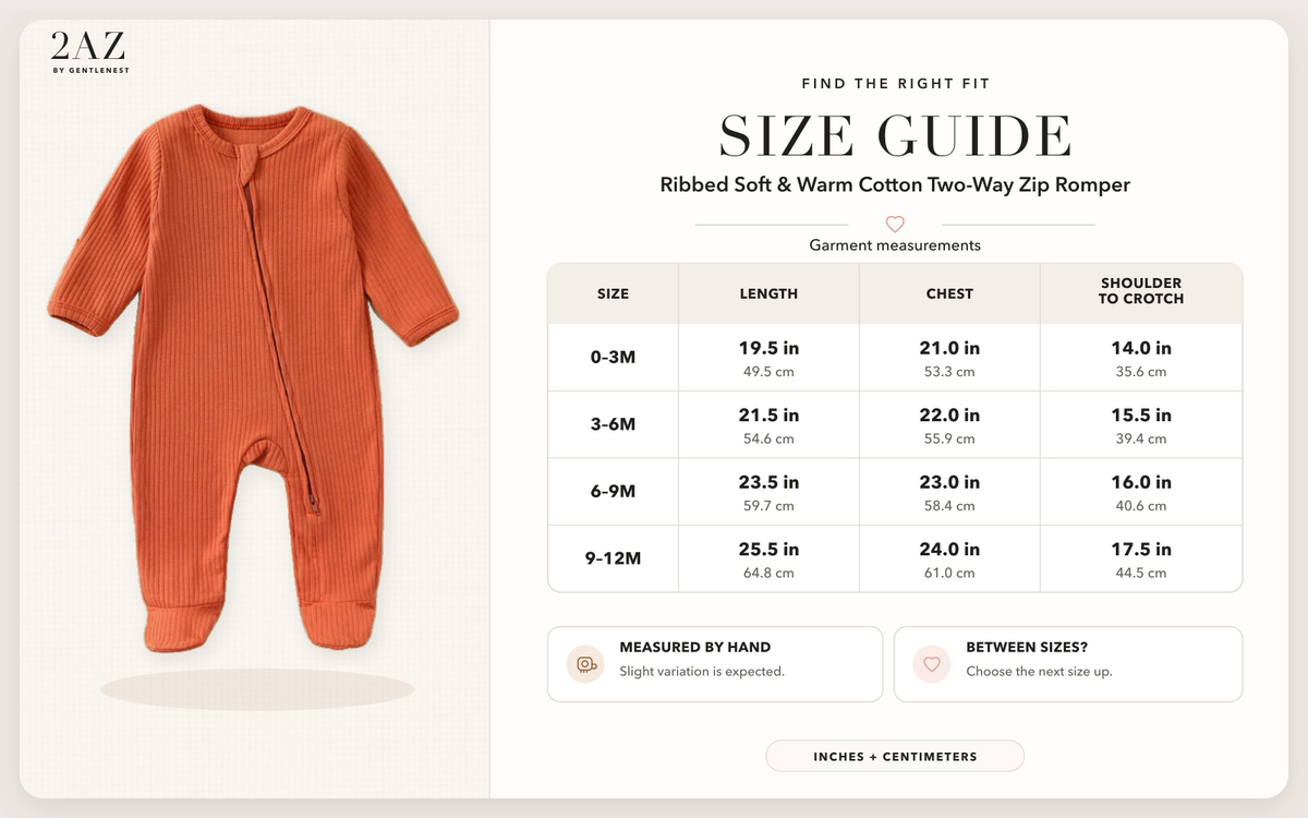 Product-specific size guide for Ribbed Soft & Warm Cotton Romper