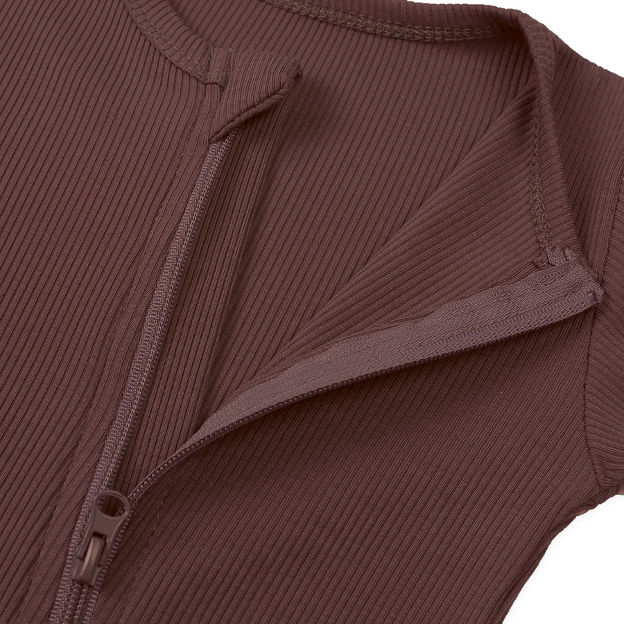 Ribbed Neutrals Heavyweight Romper — Chocolate — Zipper detail — image 3