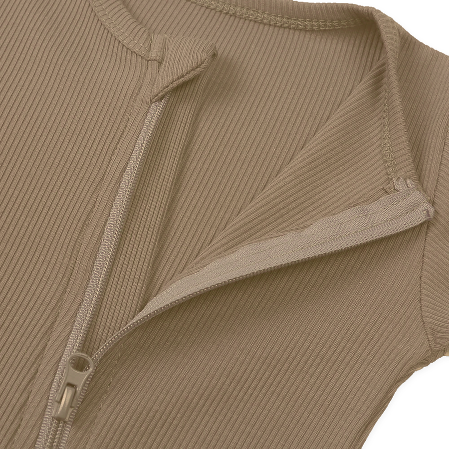 Ribbed Neutrals Heavyweight Romper — Taupe — Zipper detail — image 3