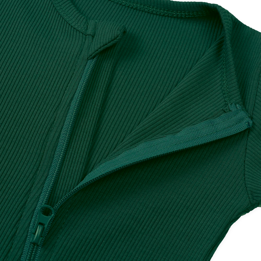 Ribbed Botanical Heavyweight Romper — Forest Green — Zipper detail — image 3