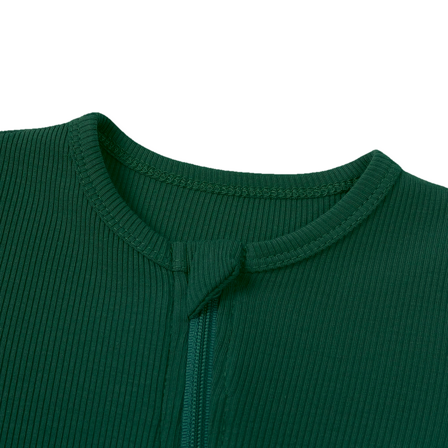 Ribbed Botanical Heavyweight Romper — Forest Green — Zipper detail — image 4