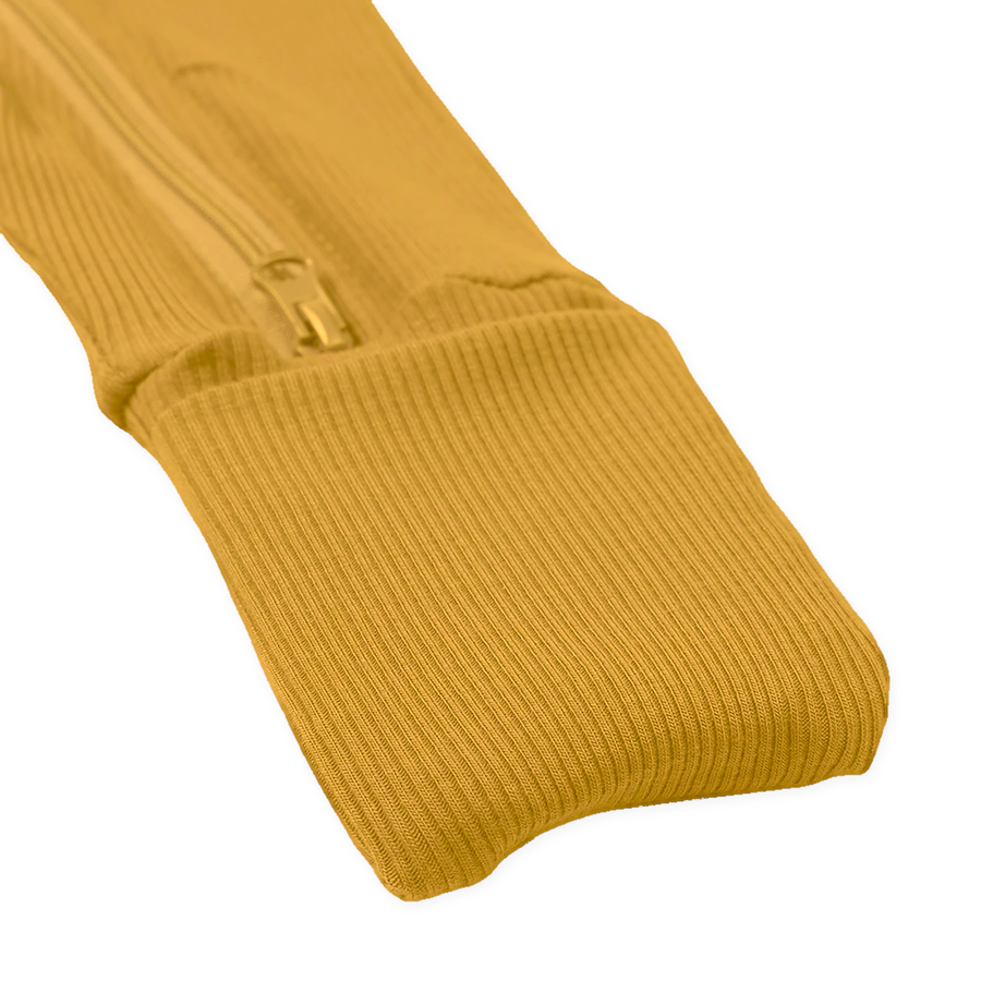 Ribbed Botanical Heavyweight Romper — Golden Mustard — Cuff and foot detail — image 10