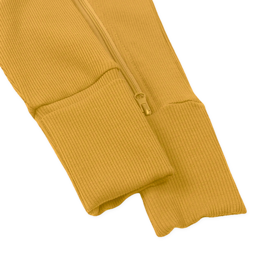 Ribbed Botanical Heavyweight Romper — Golden Mustard — Cuff and foot detail — image 9