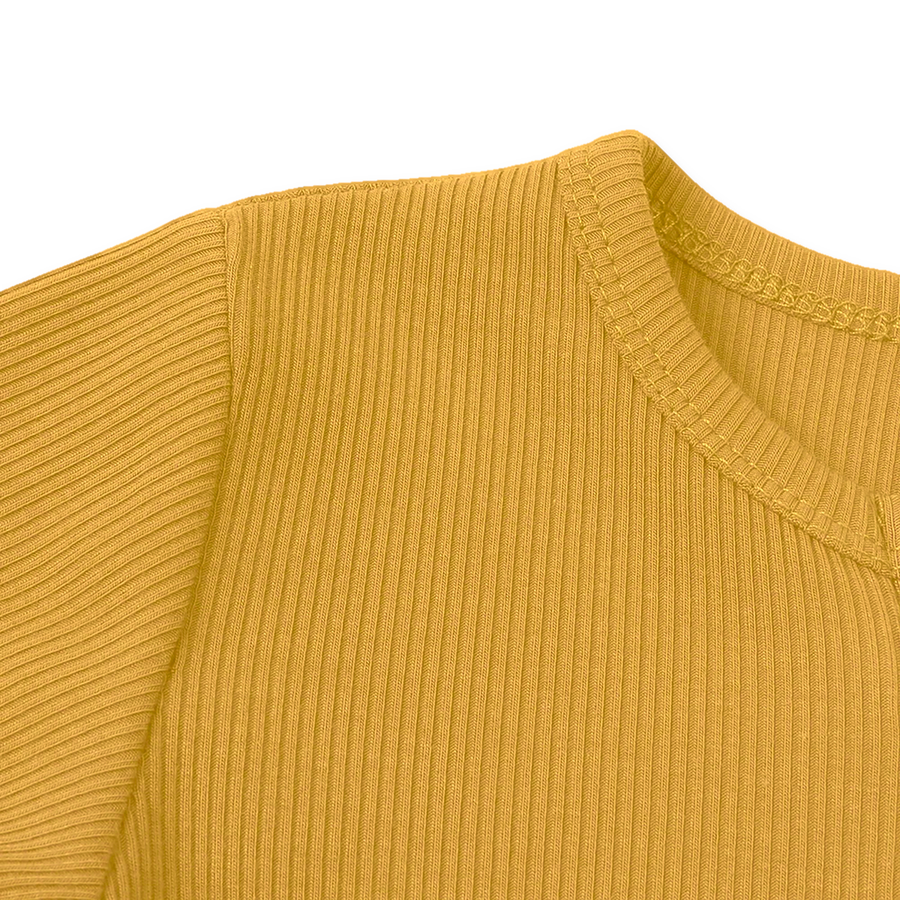 Ribbed Botanical Heavyweight Romper — Golden Mustard — Neckline and seam detail — image 6
