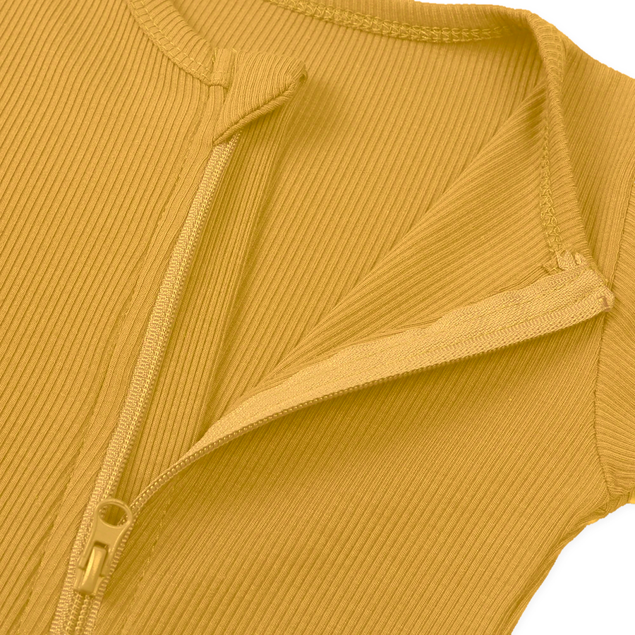 Ribbed Botanical Heavyweight Romper — Golden Mustard — Zipper detail — image 3