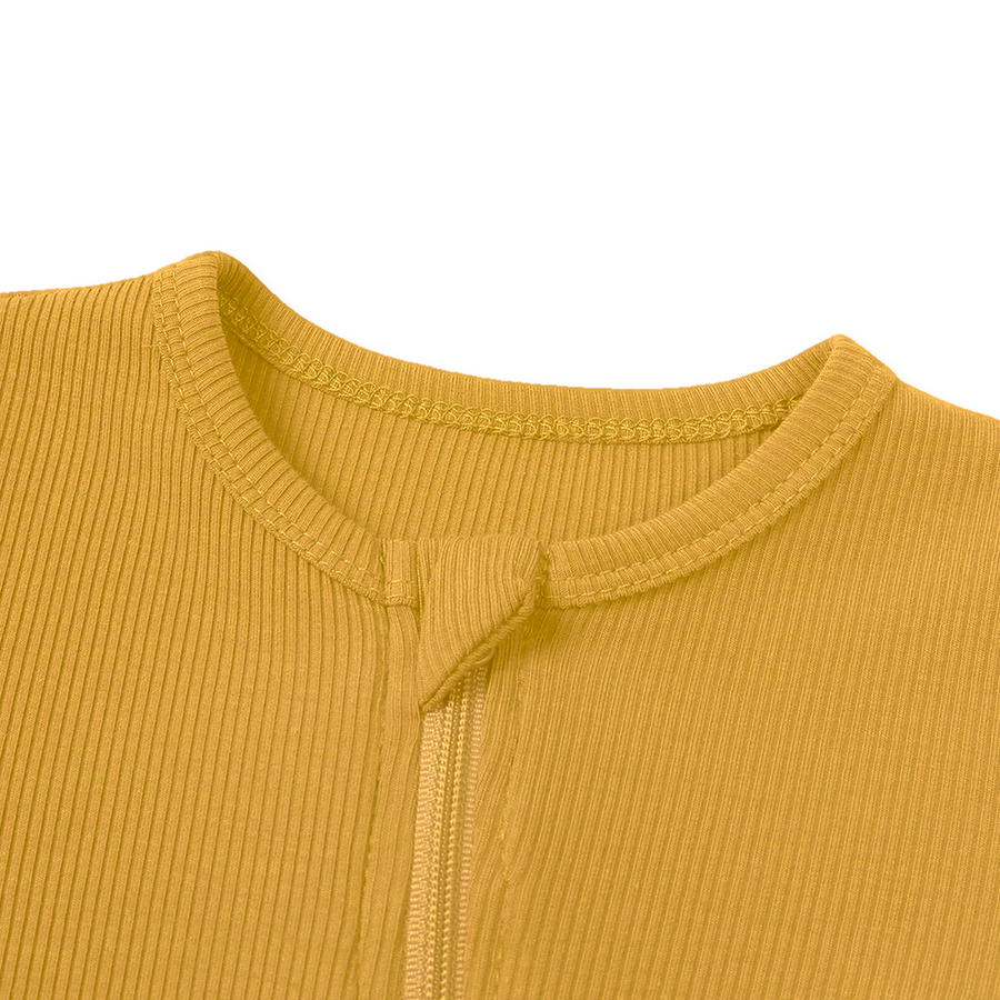 Ribbed Botanical Heavyweight Romper — Golden Mustard — Zipper detail — image 4