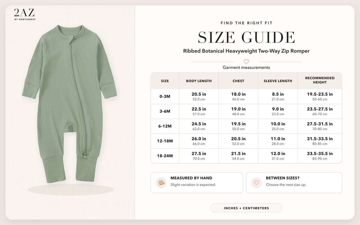 Product-specific size guide for Ribbed Botanical Heavyweight Romper