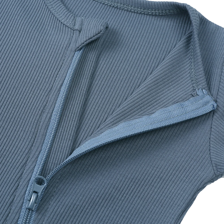 Ribbed Dusty Heavyweight Romper — Dusty Blue — Zipper detail — image 3