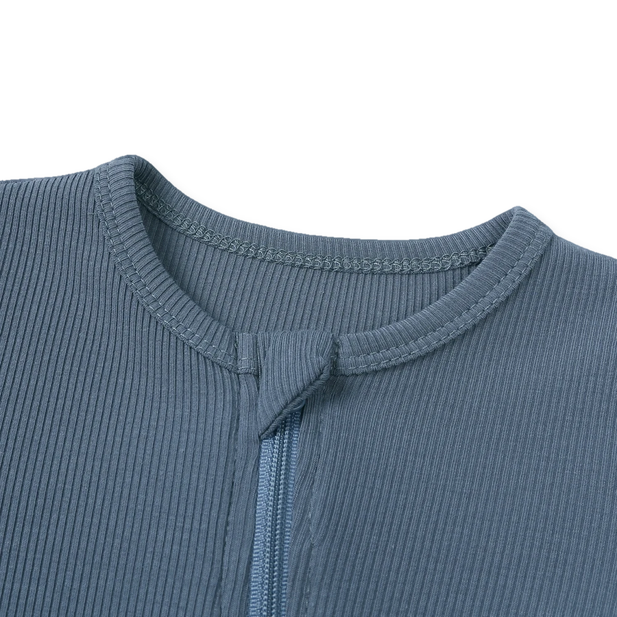 Ribbed Dusty Heavyweight Romper — Dusty Blue — Zipper detail — image 4