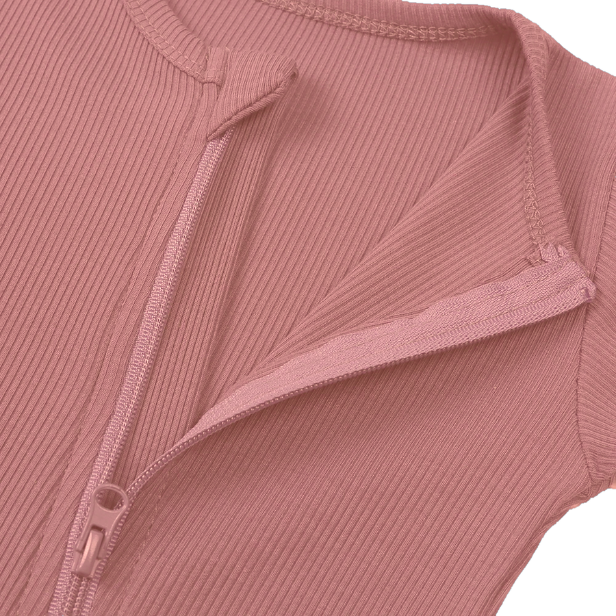 Ribbed Dusty Heavyweight Romper — Dusty Rose — Zipper detail — image 3