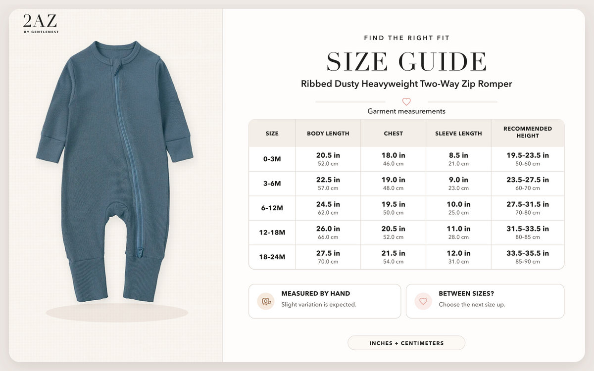 Product-specific size guide for Ribbed Dusty Heavyweight Romper