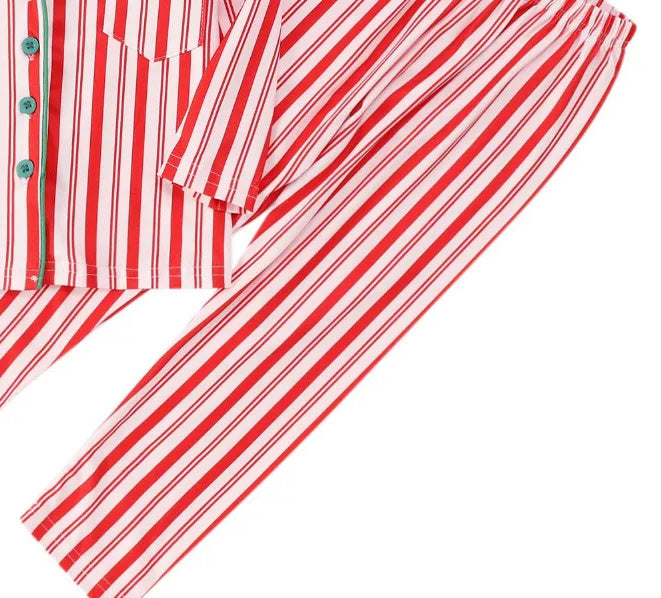 Red and white striped pajama pants, close-up of the stripe pattern and leg hems