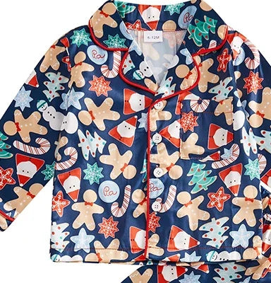 Kids’ Navy Gingerbread Christmas Pajama Set — close-up detail 1