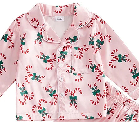 Kids’ Pink Candy Cane Christmas Pajama Set — close-up detail 1