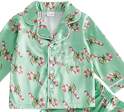 Kids’ Mint Candy Cane Christmas Pajama Set — close-up detail 1