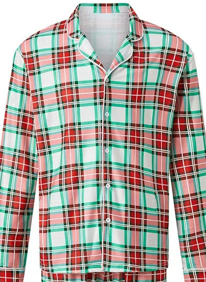 Mint & Cranberry Plaid Family Christmas Pajamas — close-up detail 1