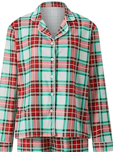 Mint & Cranberry Plaid Family Christmas Pajamas — close-up detail 3