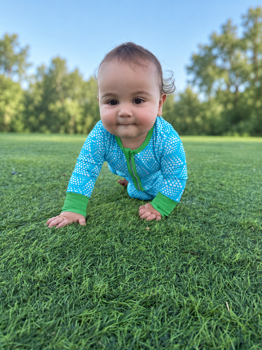 Jordan modeling the Aqua Geometric Romper by GentleNest Co.