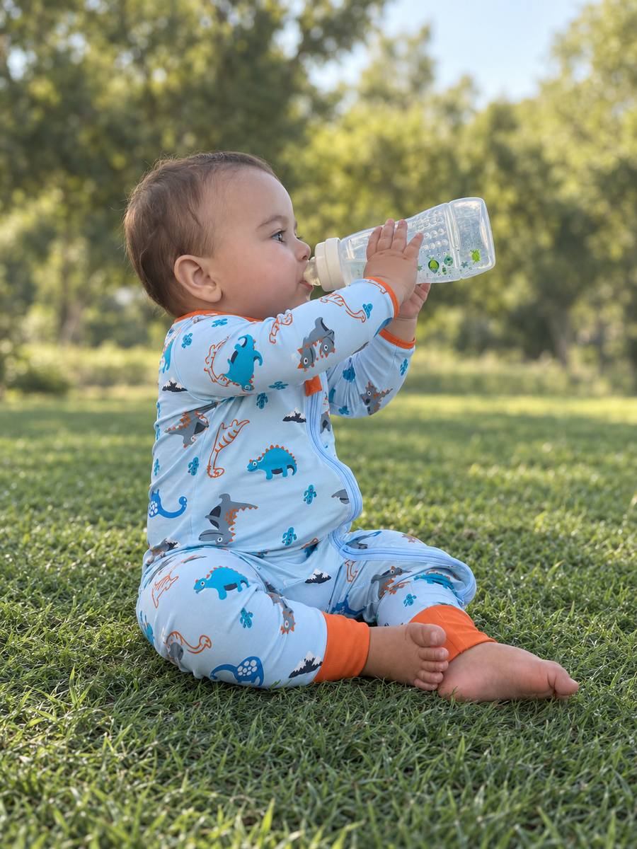 Jordan modeling the Blue Dinosaurs Romper by GentleNest Co.