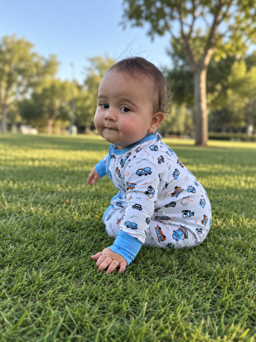 Jordan modeling the City Vehicles Romper by GentleNest Co.