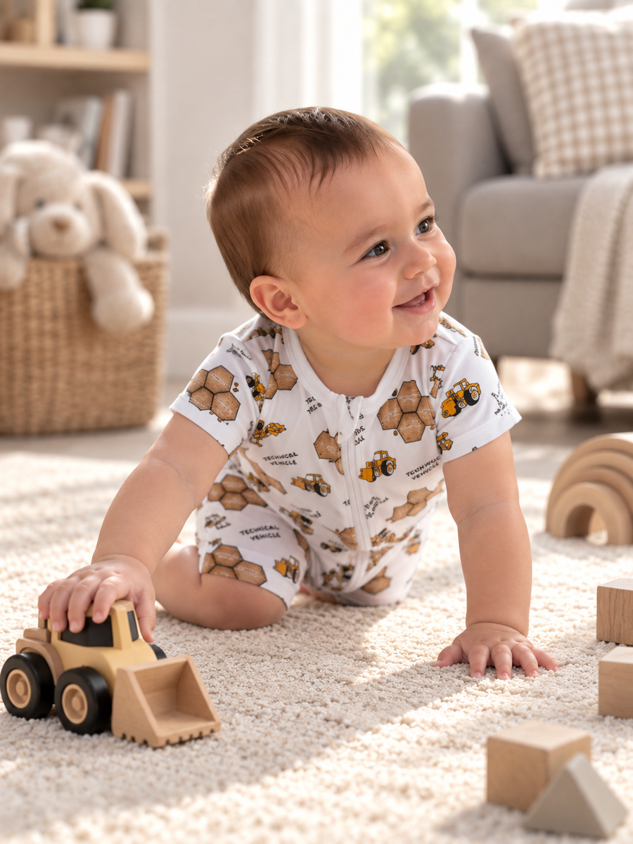 Baby wearing Construction Crew Shortie two-way zip romper
