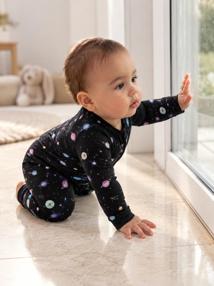 Baby wearing the Cosmic Galaxy two-way zip romper