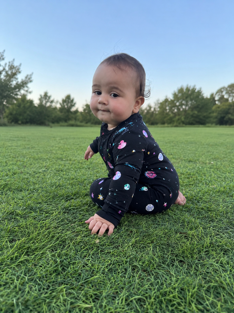 Jordan modeling the Cosmic Galaxy Romper by GentleNest Co.