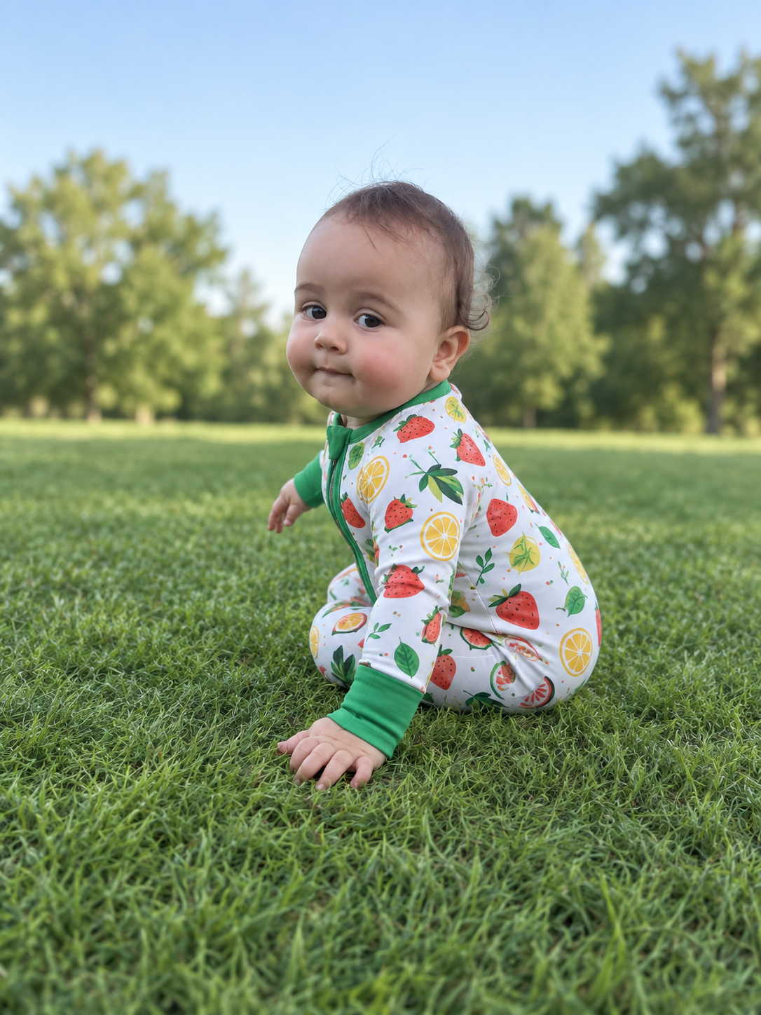 Jordan modeling the Fruit Salad Romper by GentleNest Co.