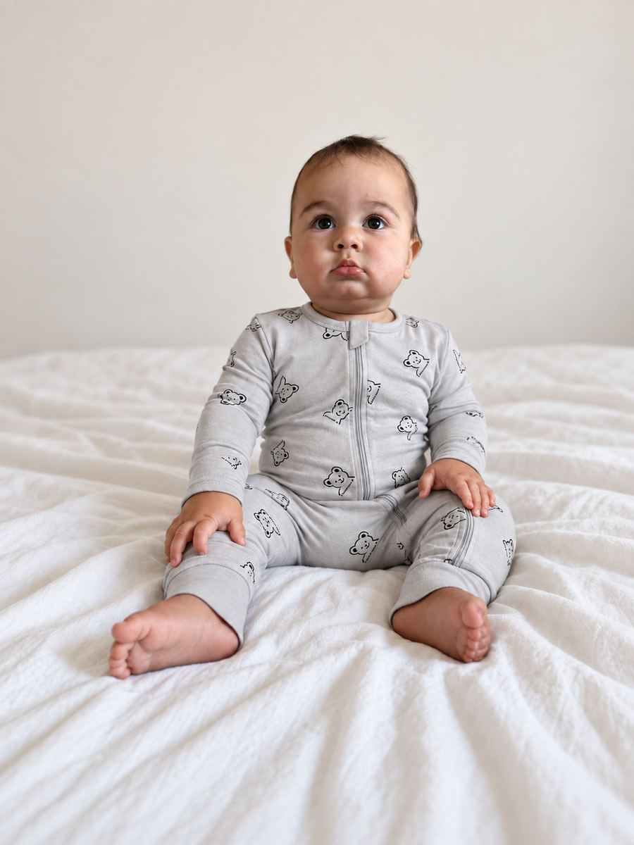 Jordan modeling the Gray Pups Romper by GentleNest Co.