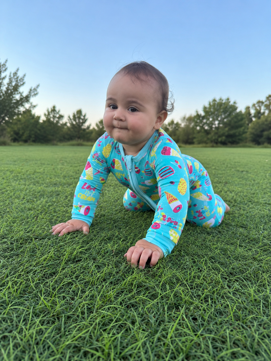 Jordan modeling the Ice Cream Romper by GentleNest Co.