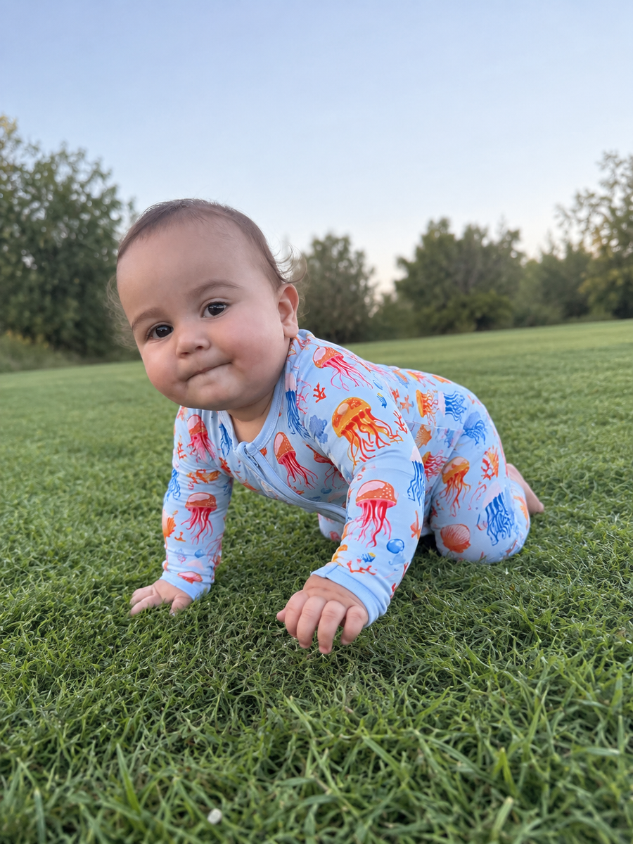 Jordan modeling the Jellyfish Reef Romper by GentleNest Co.