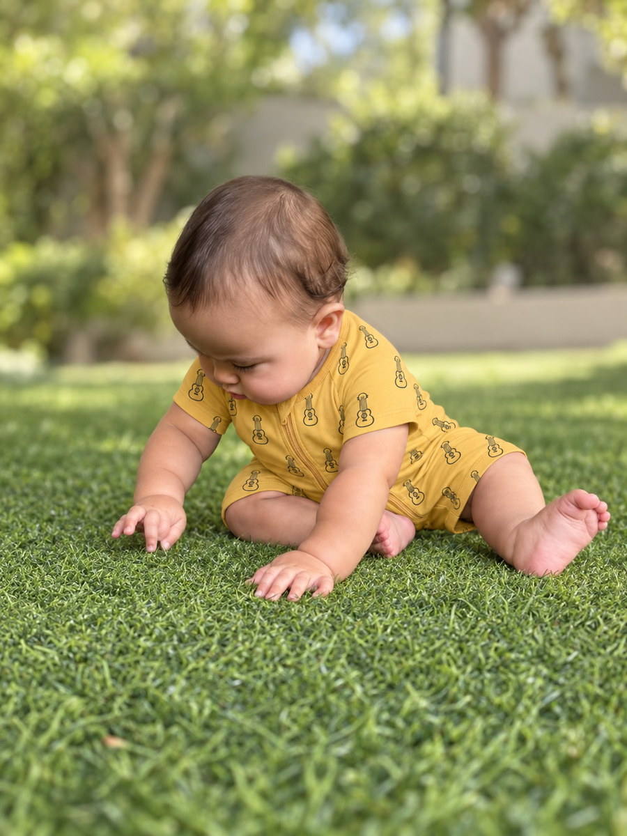 Jordan wearing the Mustard Guitars Shortie Romper