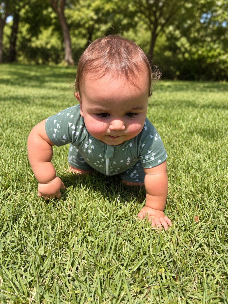 Jordan wearing the Sage Trees Shortie Romper