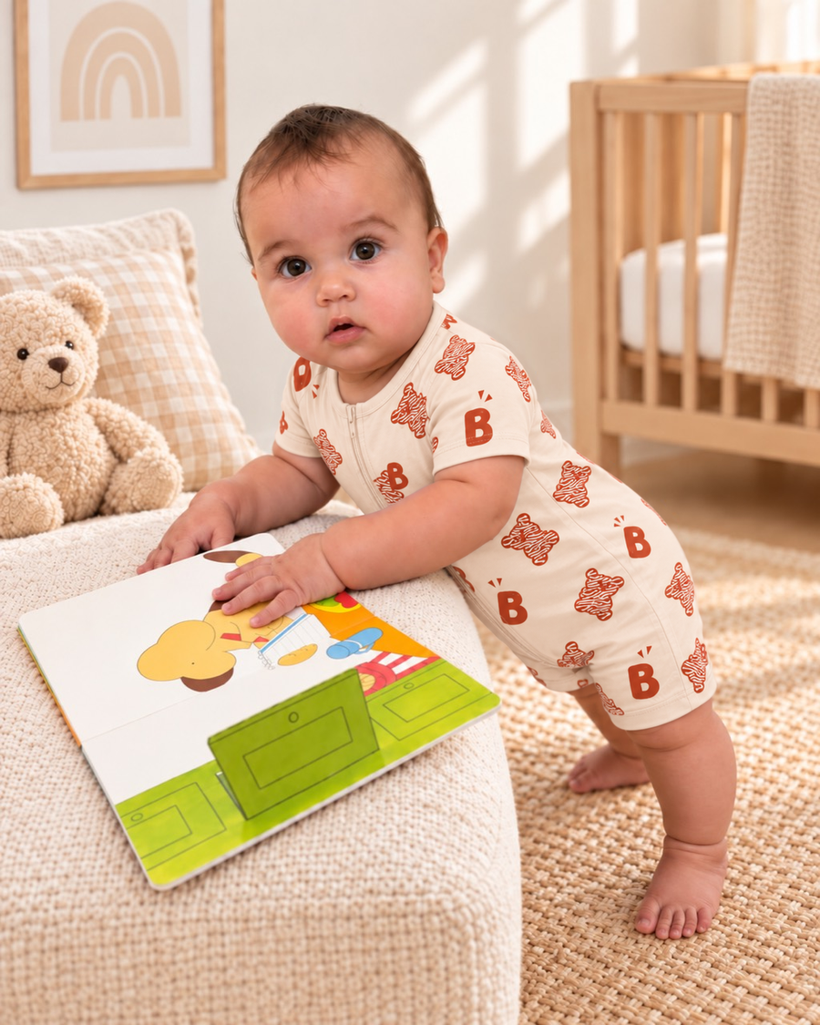 Jordan wearing the Teddy Bears Shortie Romper