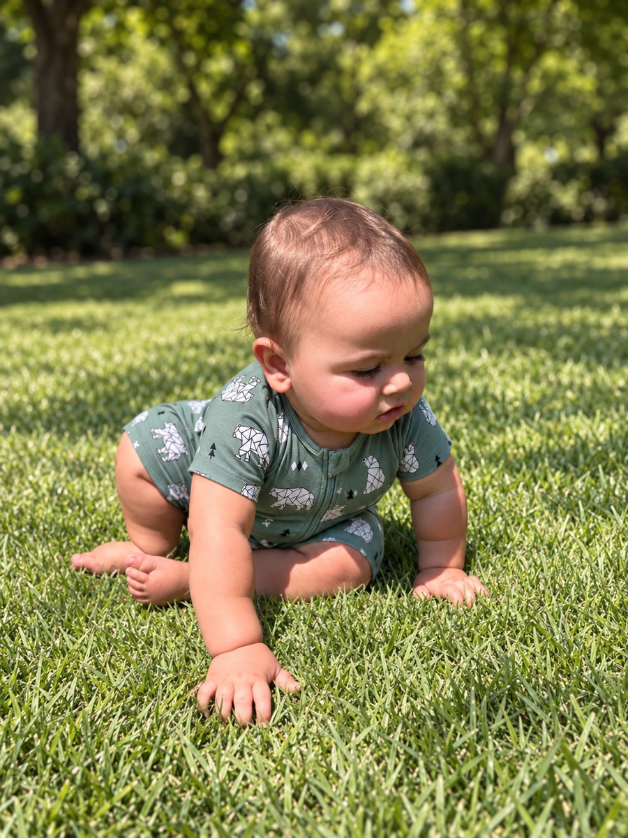Jordan wearing the Safari Green Shortie Romper